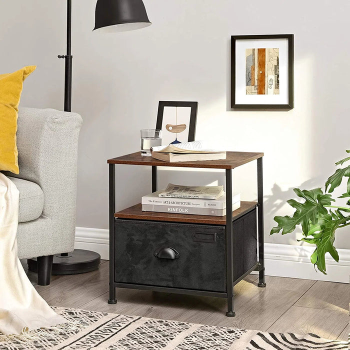 Noční stolek s látkovou zásuvkou, 41 x 47 x 41 cm, rustikální hnědý