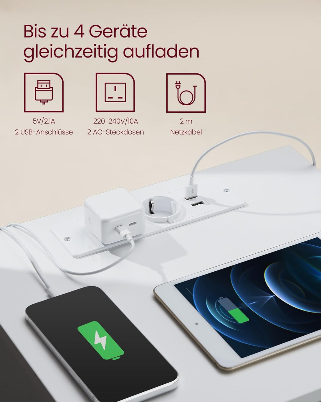 Noční stolek s napájecí lištou, příruční stolek se 3 zásuvkami, 2 AC výstupy, 2 USB porty, bílý-Noční stolky-Vashome.cz