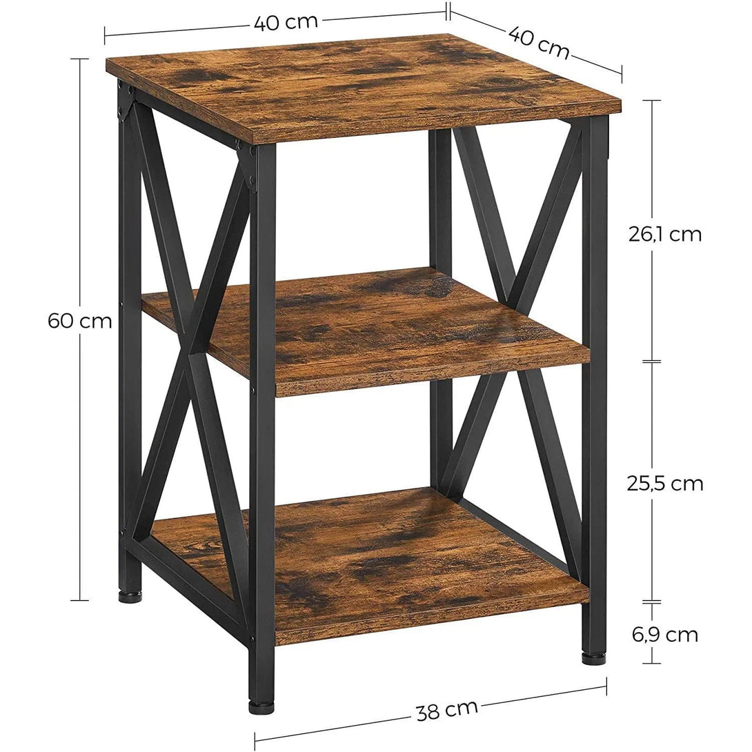 Noční stolek s ocelovým rámem a 2 policemi, rustikální hnědý, černý