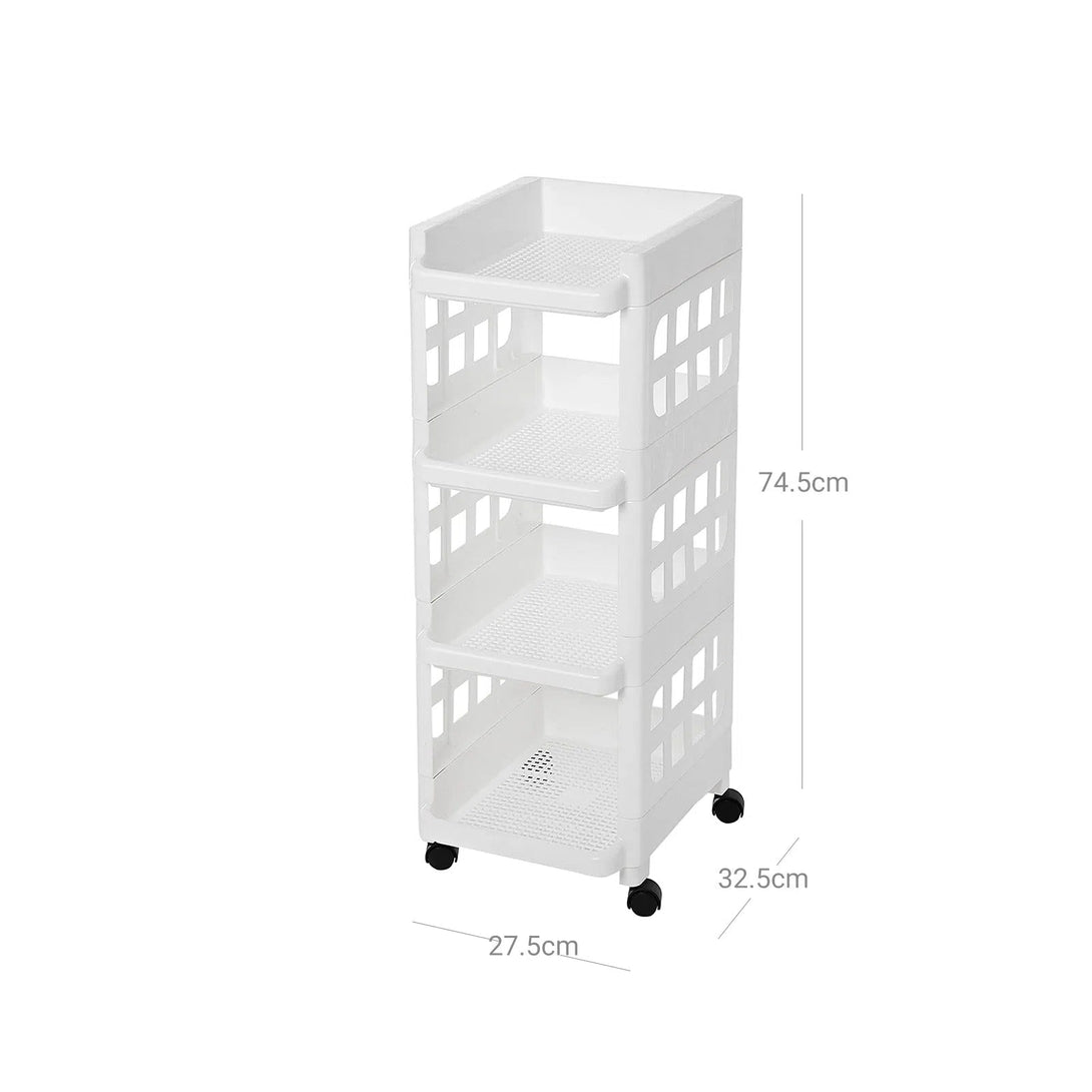 Odkládací vozík se 4 policemi, plastový policový díl s kolečky, 27,5 x 32,5 x 74,5 cm