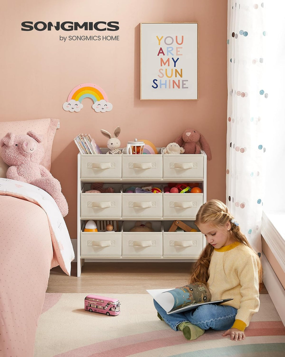 Organizér na hračky, regál na hračky pro děti s 9 boxy, 29,5 x 62,5 x 60 cm, bílý-Skladování hraček a knih-Vashome.cz