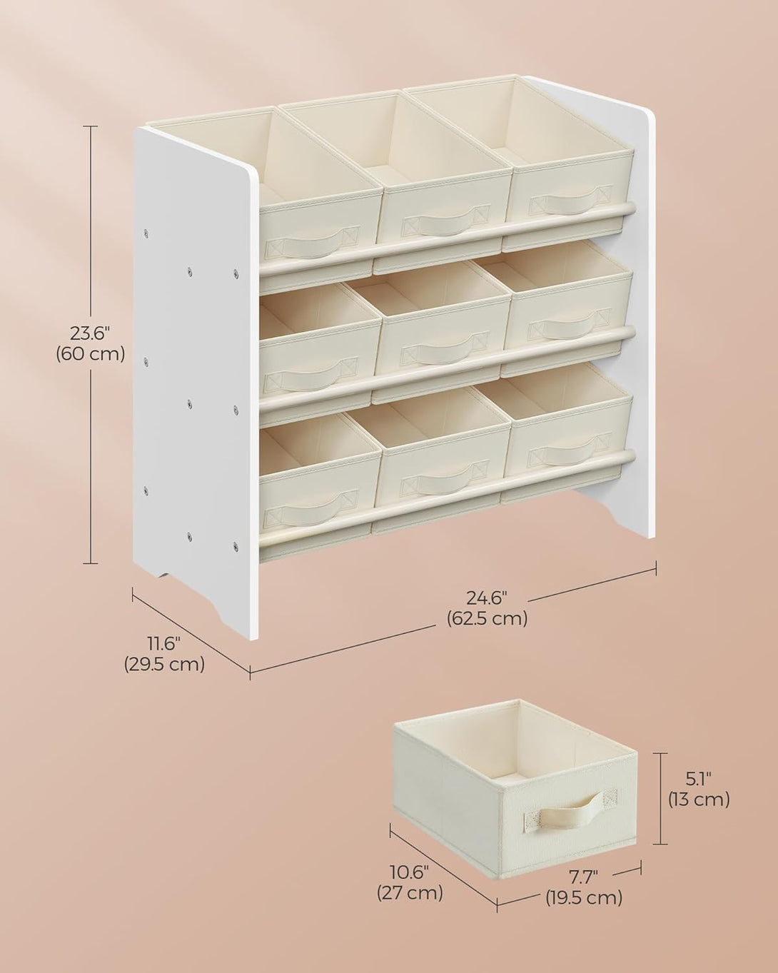 Organizér na hračky, regál na hračky pro děti s 9 boxy, 29,5 x 62,5 x 60 cm, bílý-Skladování hraček a knih-Vashome.cz