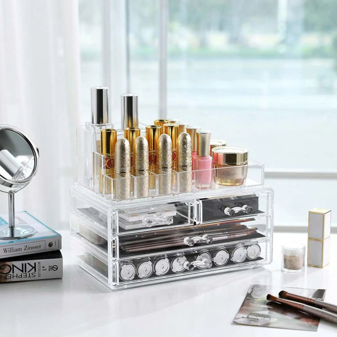 Organizér na make-up s akrylovým úložným boxem, 4 velké zásuvky, transparentní