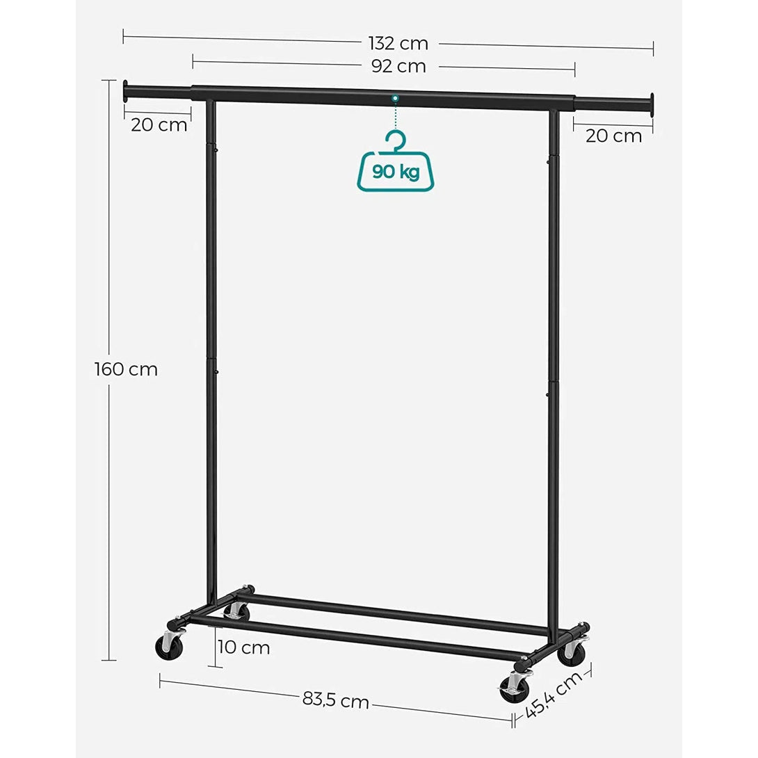 Pevný stojan na oblečení s kolečky, nosnost 90 kg, černý