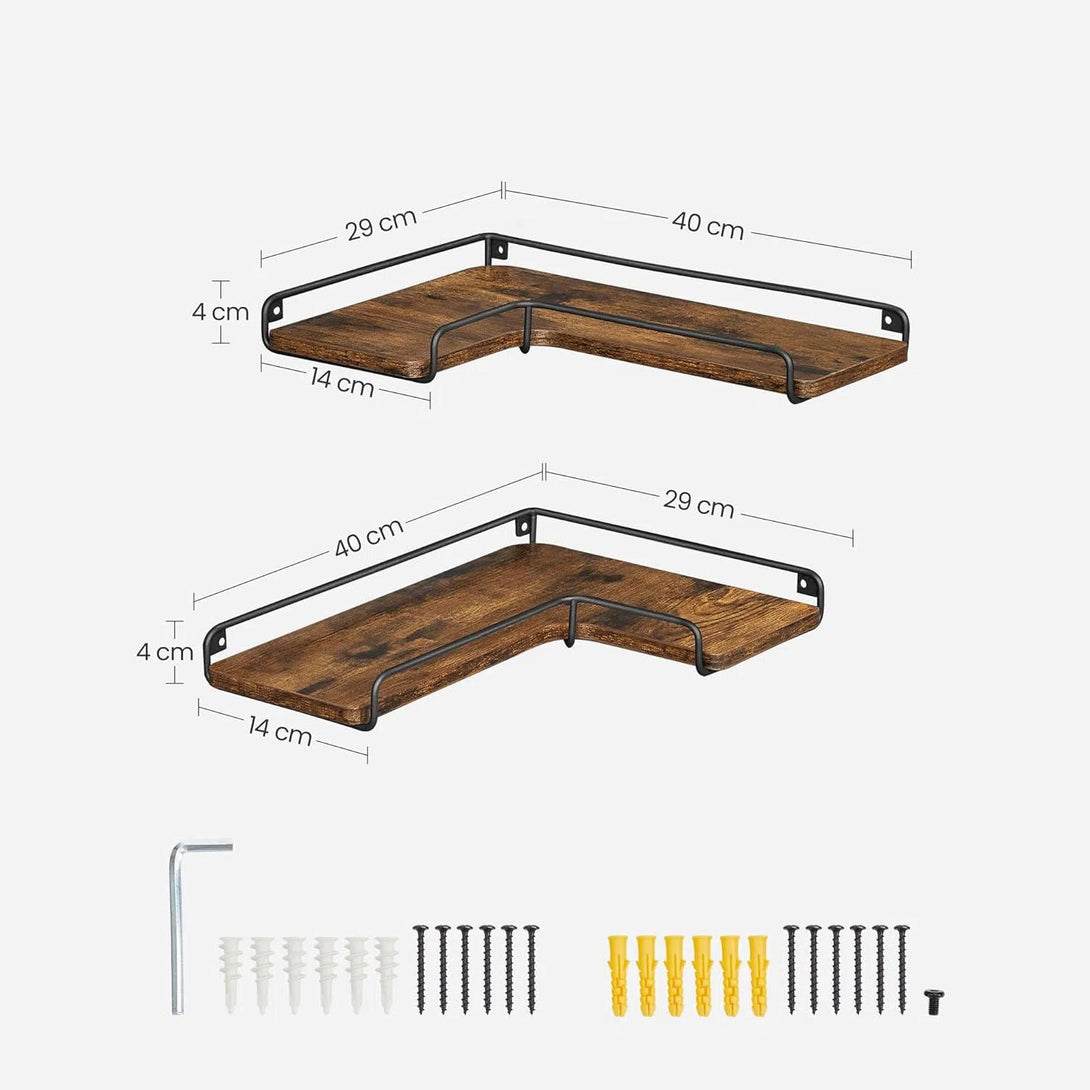 Plovoucí poličky, sada 2 ks, rohové poličky, rustikální hnědá a černá barva