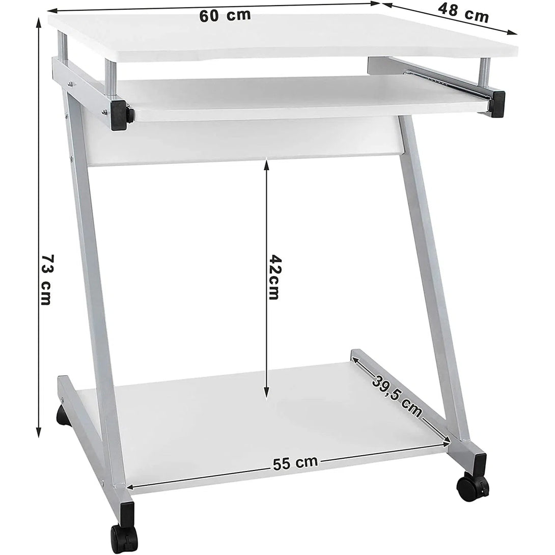 Počítačový stůl ve tvaru Z se 4 kolečky, bílý