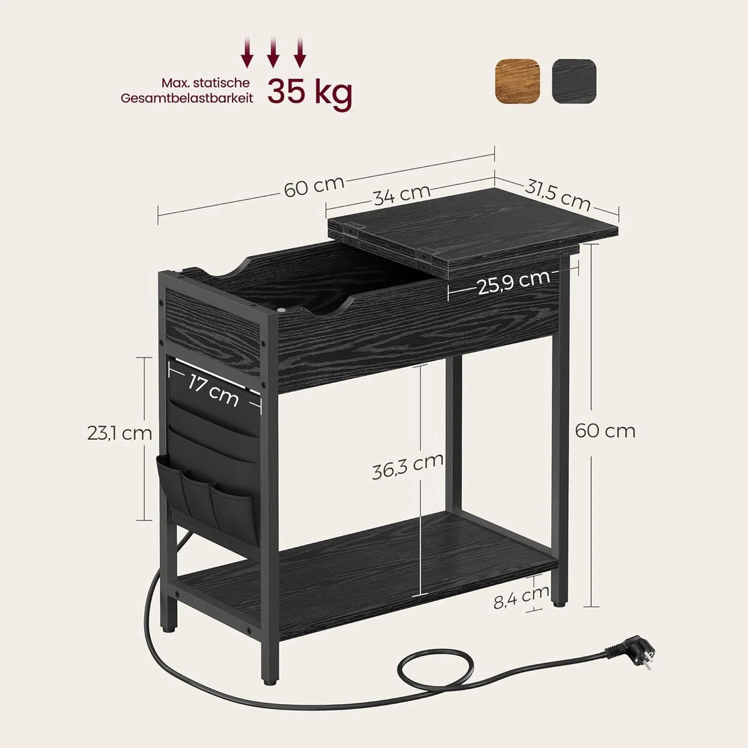 Příruční stolek, Noční stolek se zásuvkou a USB porty, černý