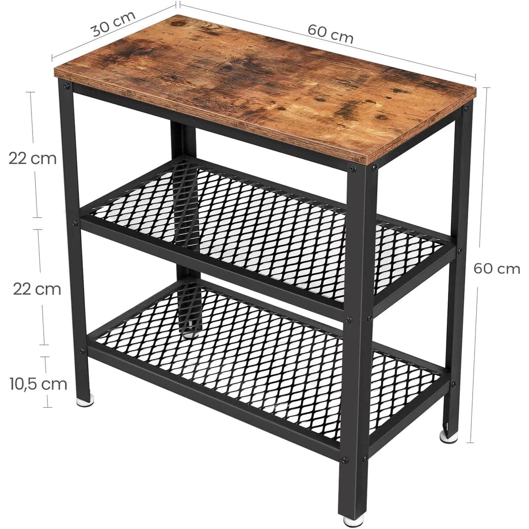 Příruční stolek, malý stolek se 2 síťovanými policemi, rustikální hnědá barva