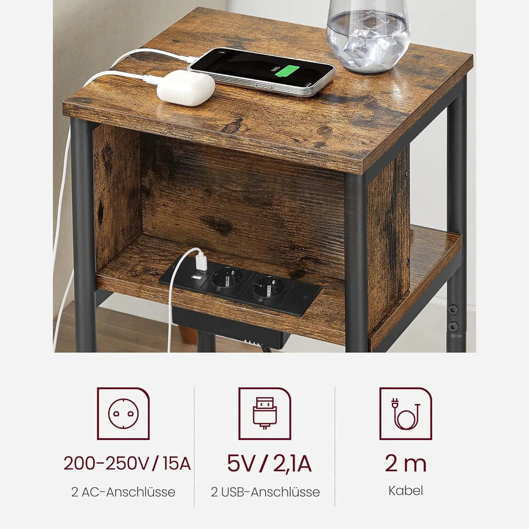 Příruční stolek, noční stolek s napájecí lištou 2 AC porty 2 USB porty, vintage hnědý-Malé stolky-Vashome.cz