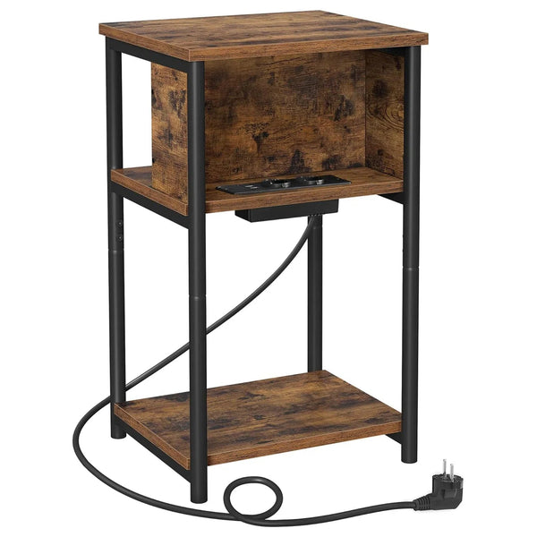 Příruční stolek, noční stolek s napájecí lištou 2 AC porty 2 USB porty, vintage hnědý