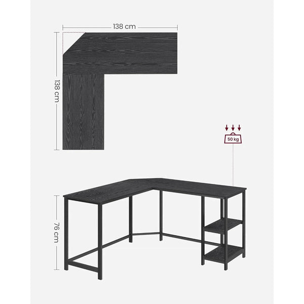 Psací stůl, rohový stůl ve tvaru L se 2 odkládacími policemi, černý