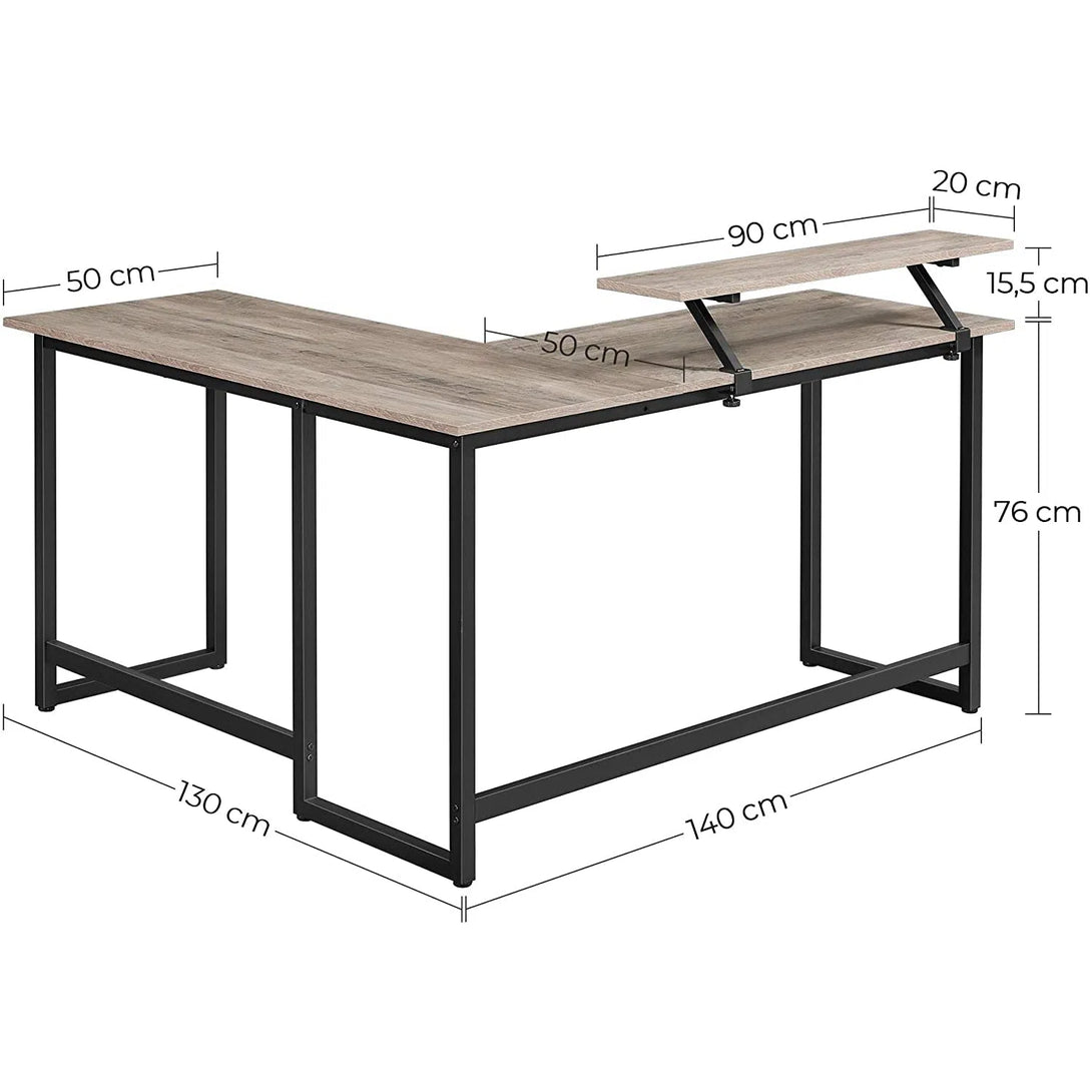 Psací stůl ve tvaru L se stojanem na monitor, 140 x 76 / 91,5 x 130 cm, šedý a černý