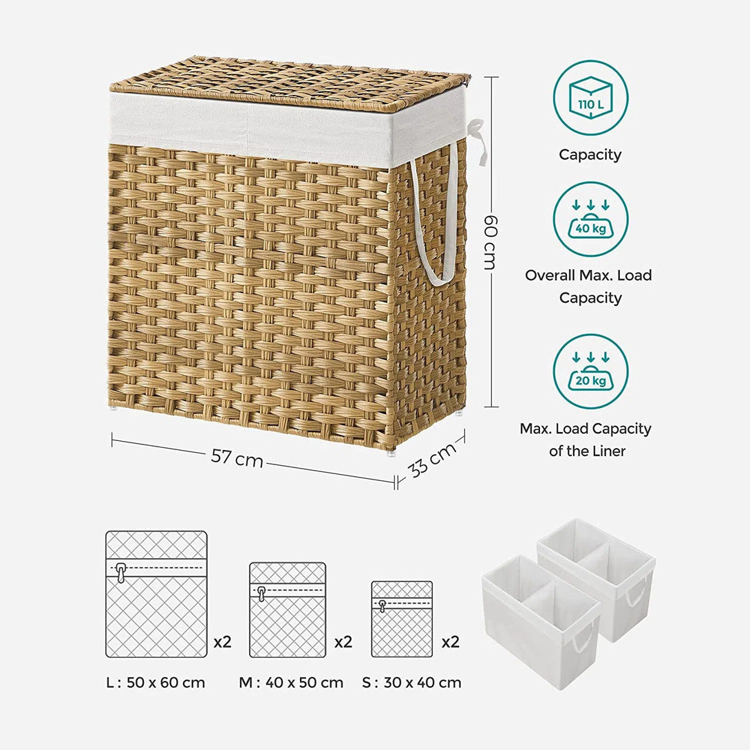 Ručně tkaný koš na prádlo, koš na prádlo ze syntetického ratanu, se 2 přihrádkami, 110 l, přírodní barva