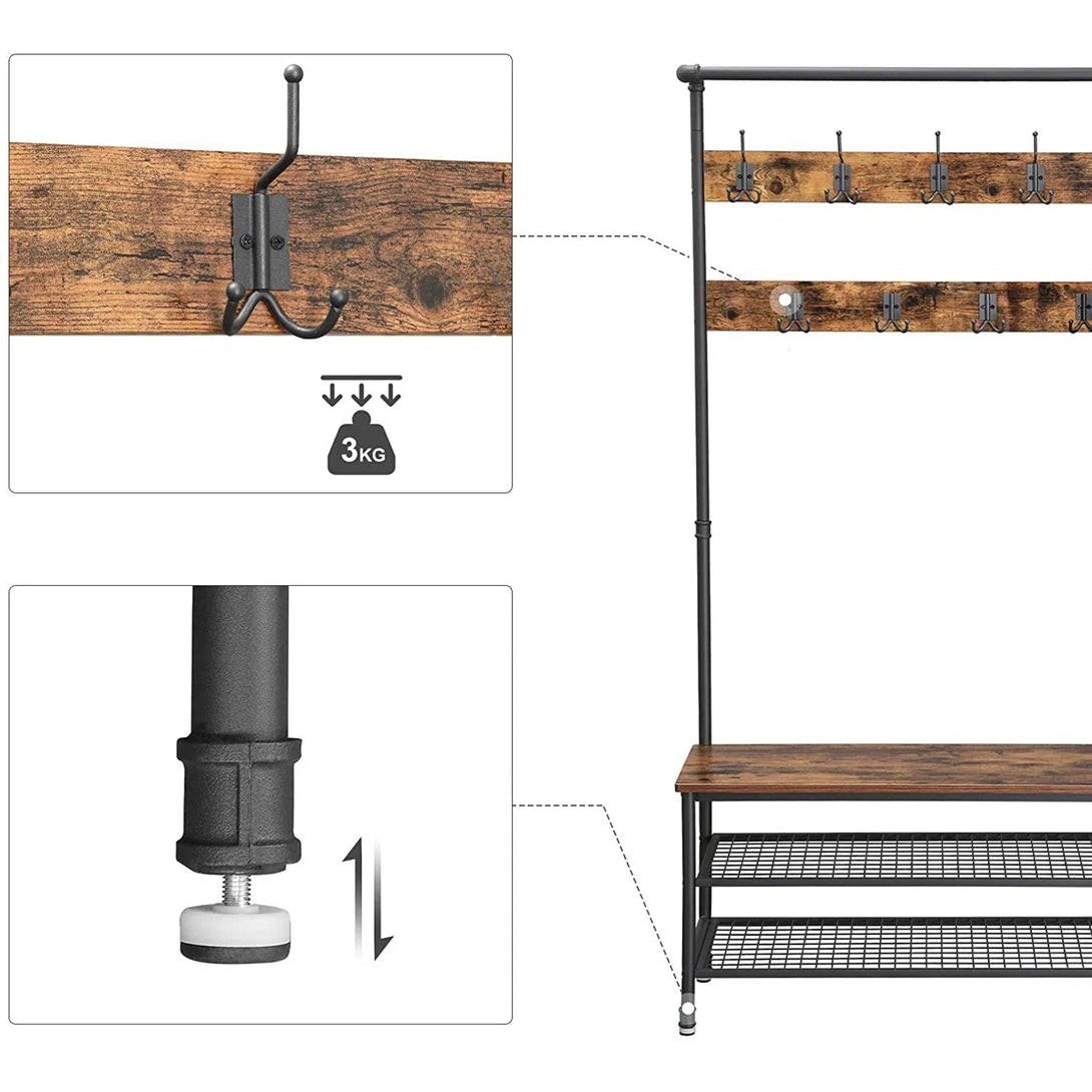Rustikální věšákový stojan na kabáty s lavicí na boty, 97 x 41,5 x 182 cm
