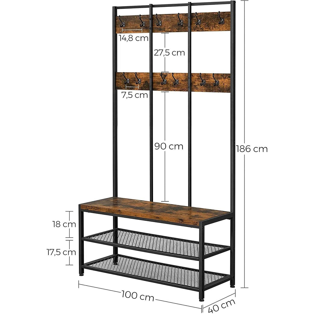 Rustikální věšákový stojan s lavicí, předsíňová stěna s 12 háčky, rustikální hnědá
