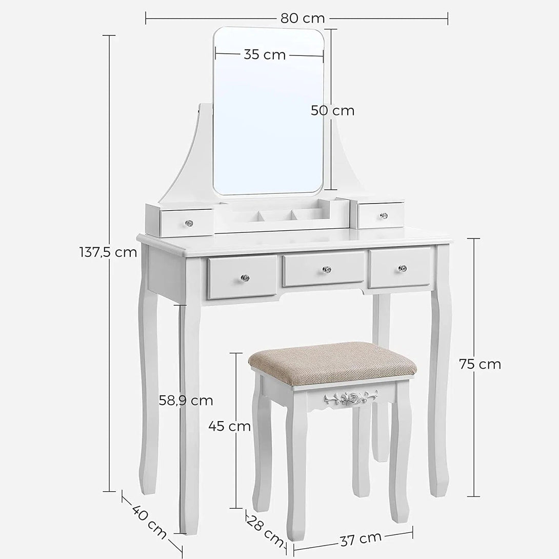 Sada toaletního stolku s bezrámovým zrcadlem 80 x 40 x 137,5 cm, bílá