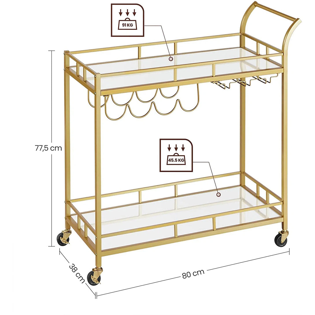 Servírovací vozík se skleněnými policemi, 80 x 77,5 x 38 cm, zlatý