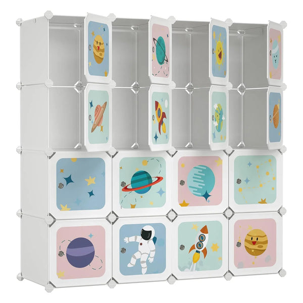 Skládací skříň, modulární skříňka pro děti se 16 přihrádkami, vesmírný motiv