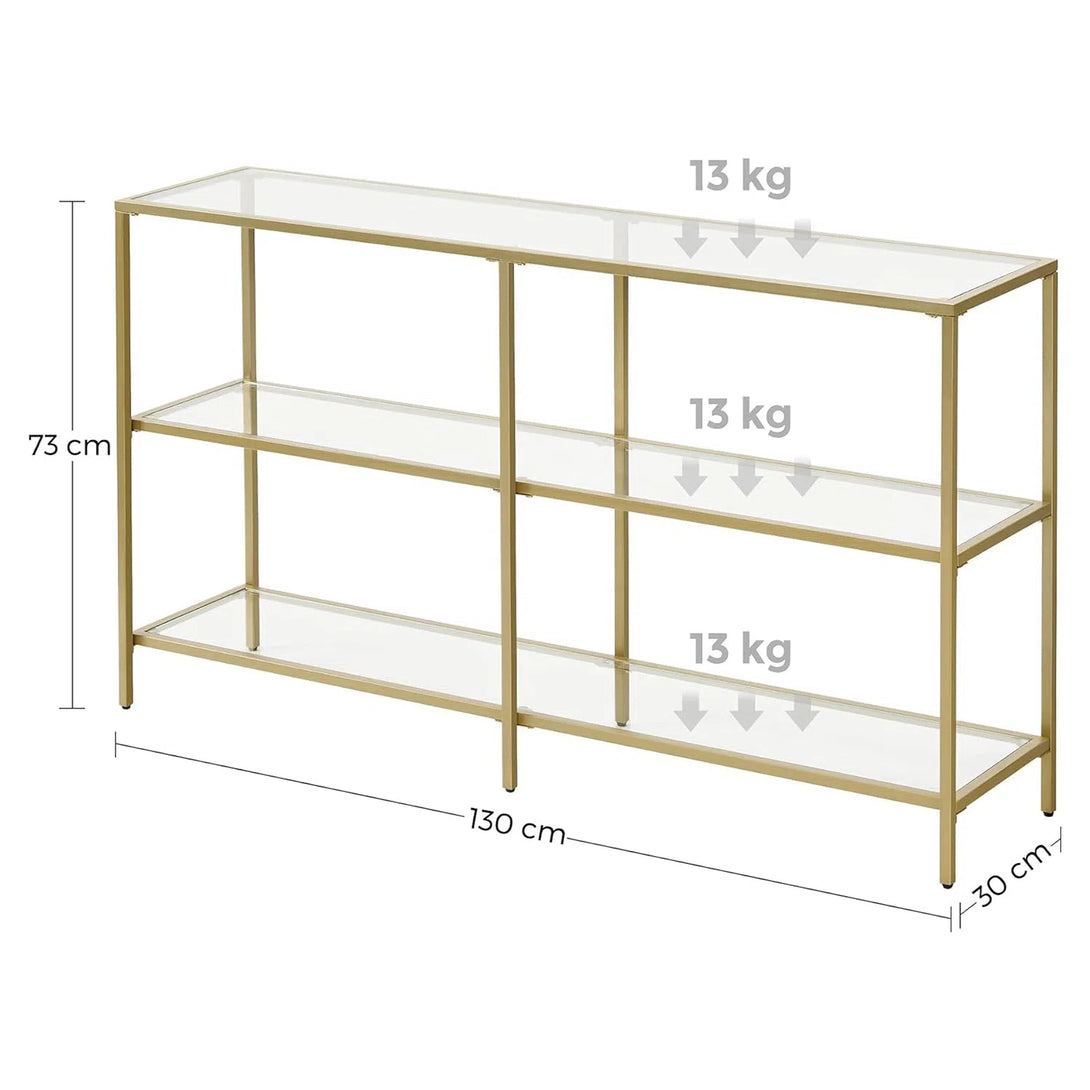 Skleněný konzolový stolek se 3 policemi, kovový rám, zlatá barva