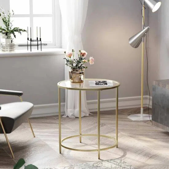 Skleněný příruční stolek, s kovovým rámem, zlatá barva