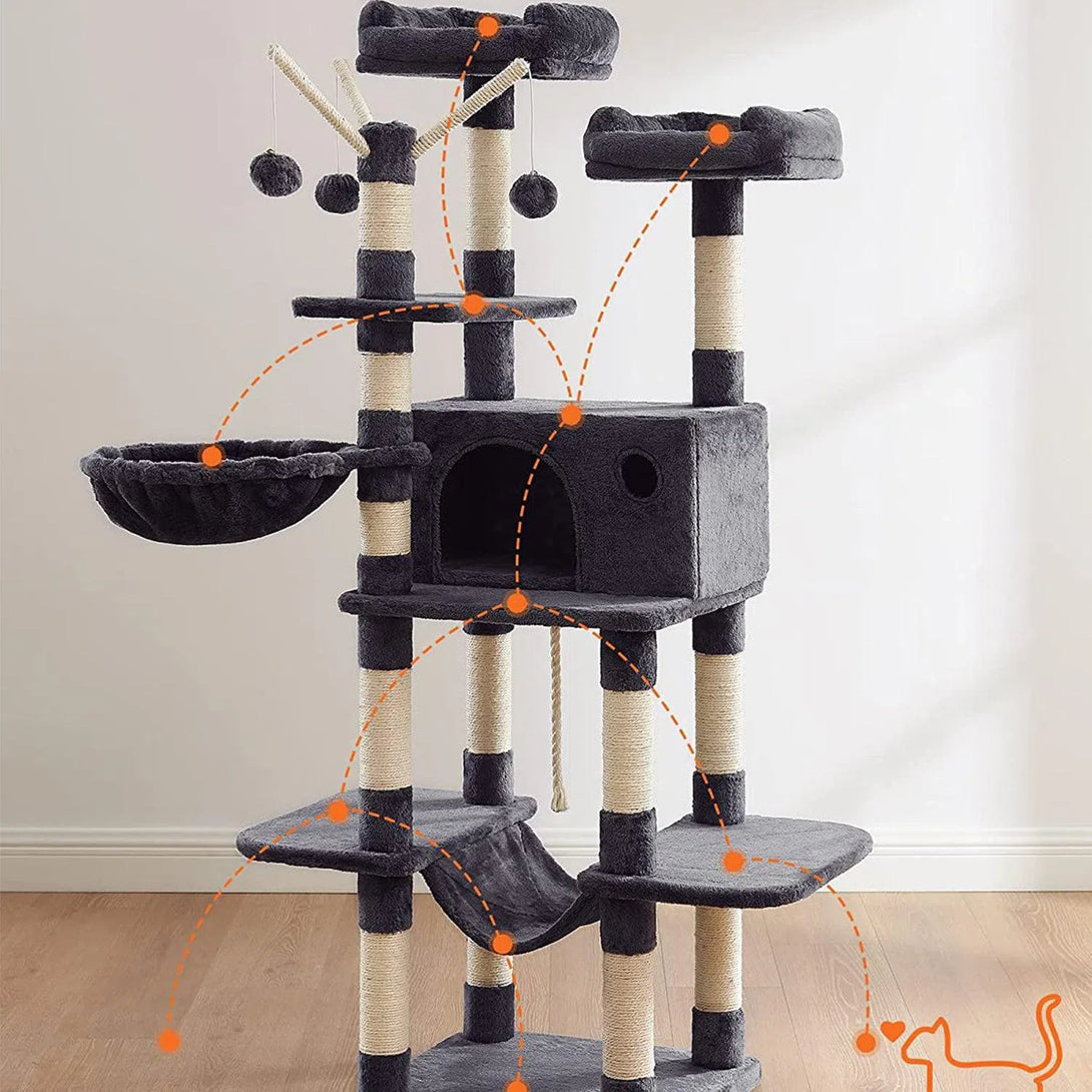 Škrábadlo pro kočky, XXL kočičí strom, 164 cm, kouřově šedá | FEANDREA