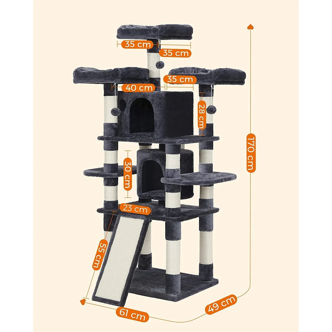 Škrábadlo pro kočky, XXL kočičí strom se 3 pohodlnými vyhlídkami, 170 cm, šedé | FEANDREA-Kočičí stromy a škrábadla-Vashome.cz