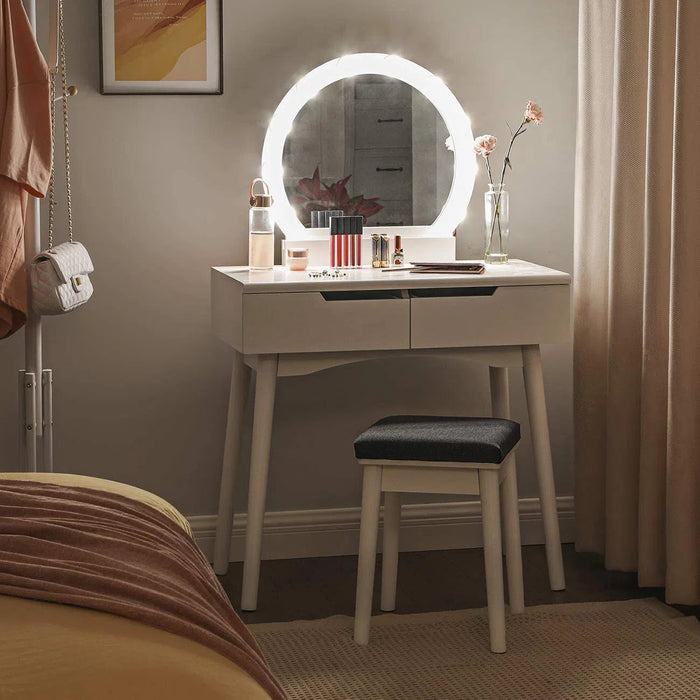 Souprava toaletního stolku se zrcadlem as osvětlením, 2 velké posuvné zásuvky a čalouněná židle, bílá