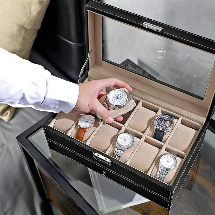 Šperkovnice a box na hodinky se skleněným víkem, 32,5 x 11,5 x 19,5 cm, černá