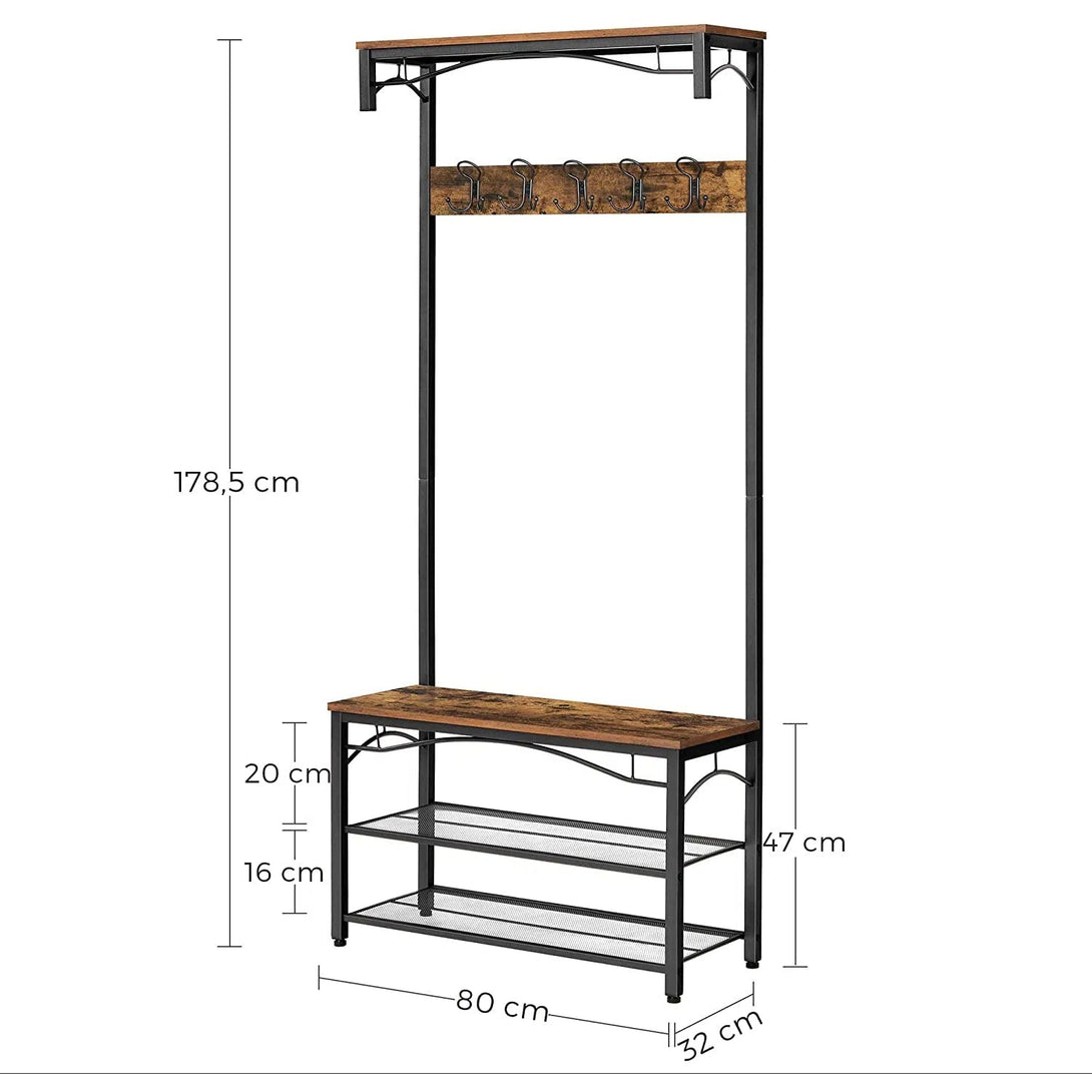 Stojan na kabáty s lavicí na boty, síňová stěna, rustikální hnědá