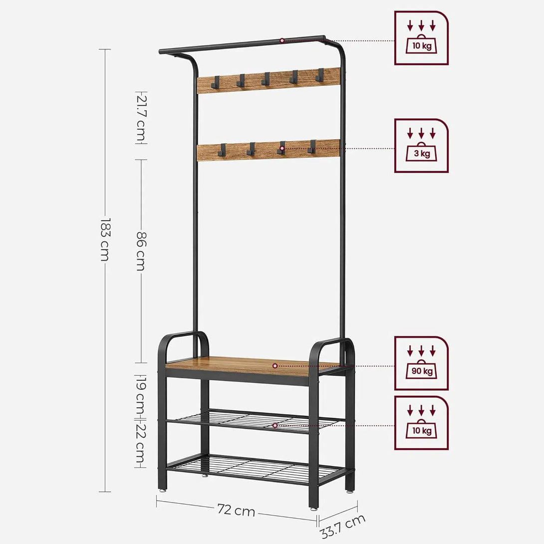 Stojan na kabáty s lavicí, síňová stěna s 9 háčky, rustikální ořech