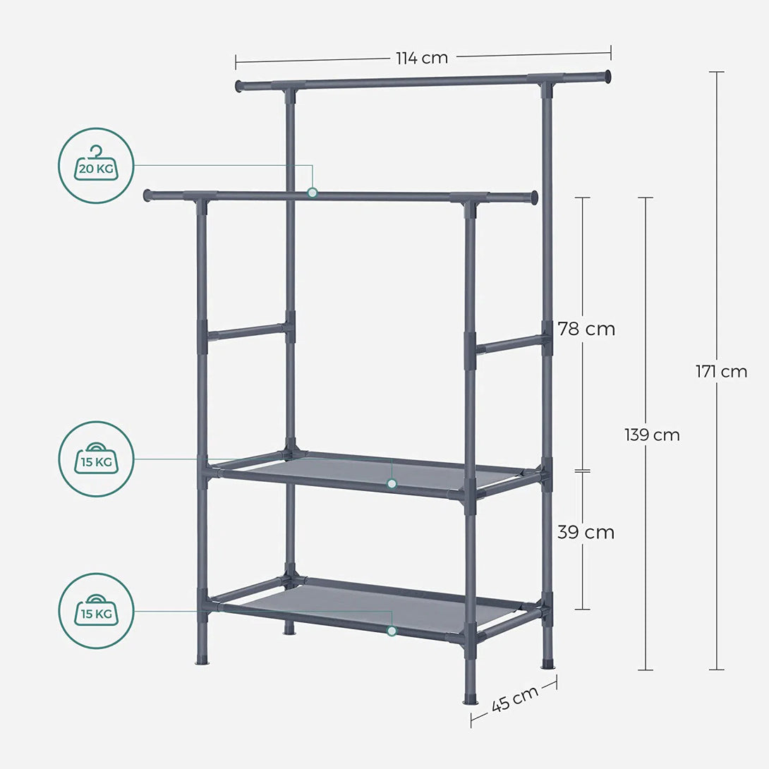 Stojan na šaty se 2 odkládacími policemi, 114 x 171 x 45 cm, šedý-Vashome.cz