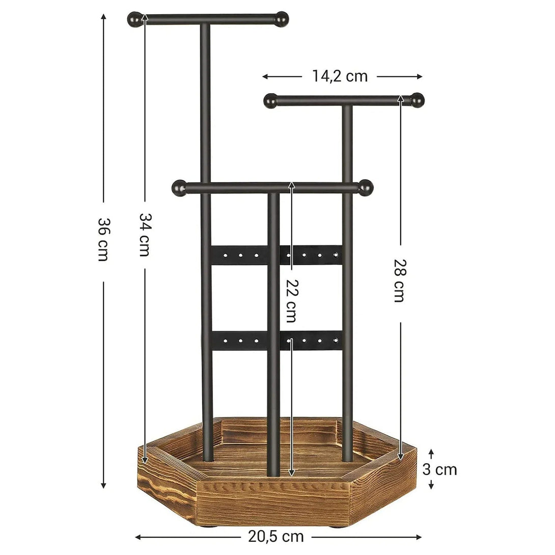 Stojan na šperky, kovový a dřevěný stromek na šperky 20,5 x 36 x 18 cm