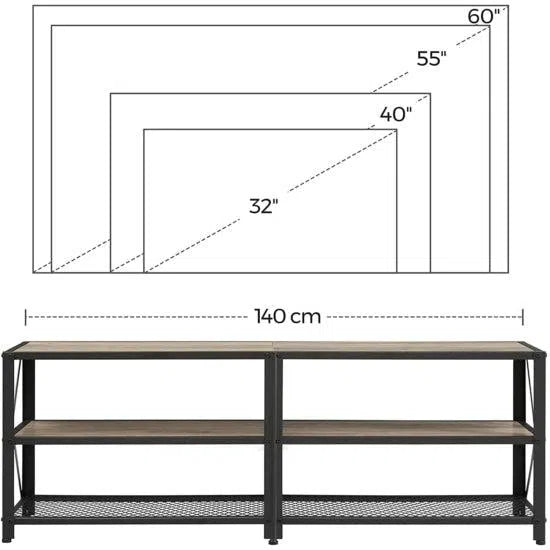 TV stolek pro 60palcový TV s policemi a ocelovým rámem 140 x 52 x 39 cm