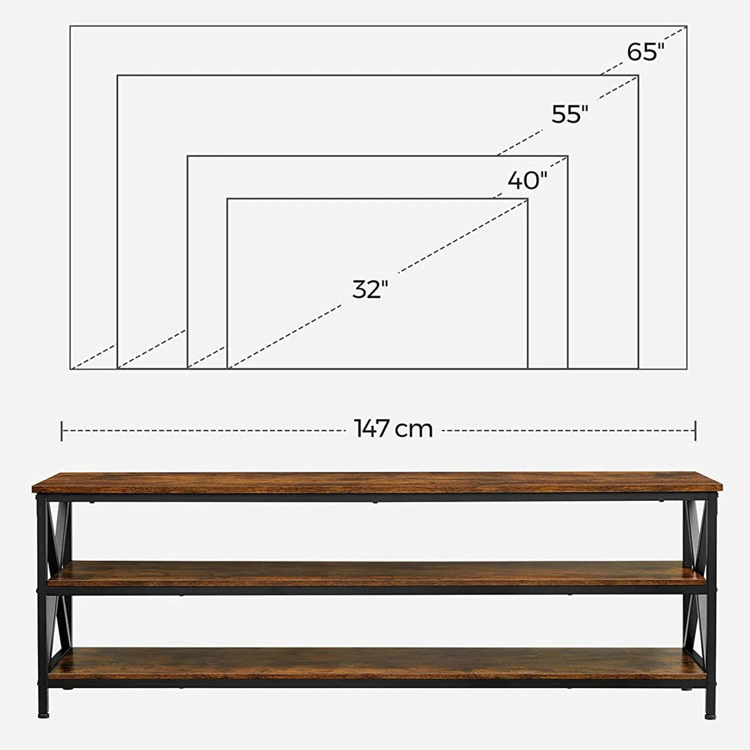 TV stolek s otevřenými přihrádkami, vzpěry ve tvaru X, 147 x 50 x 40 cm