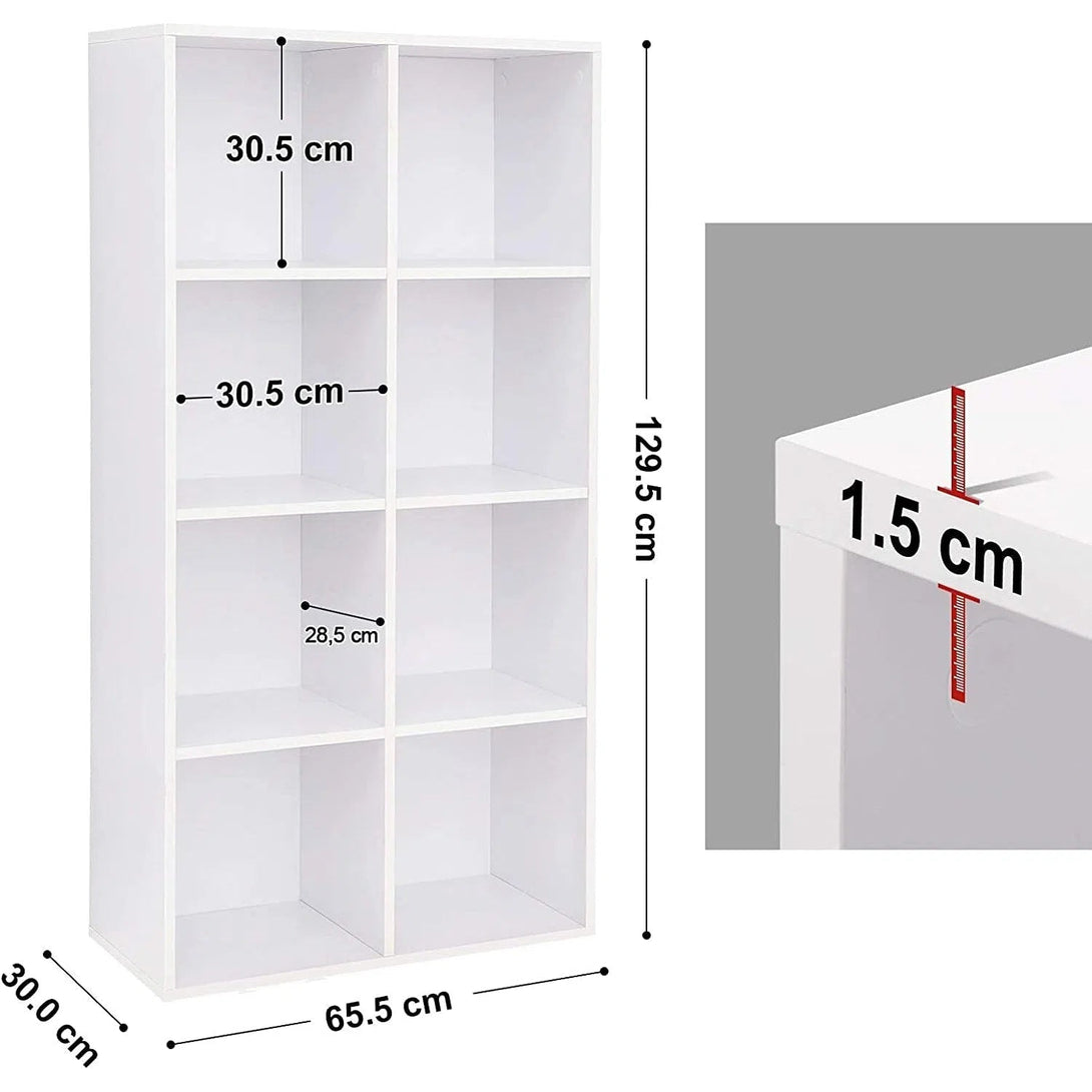 Úložná police s 8 přihrádkami, knihovna 65,5 x 30 x 129,5 cm, bílá-Knihovny-Vashome.cz