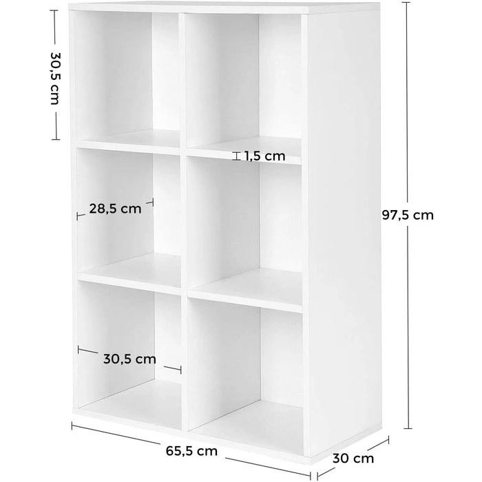 Úložná police se 6 přihrádkami, 3-úrovňová police na knihy, 65,5 x 30 x 97,5 cm, bílá