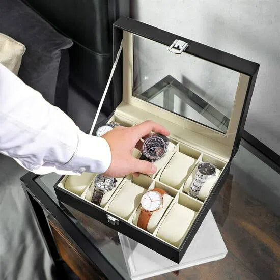 Uzamykatelný box na hodinky se skleněným víkem pro 10 ks hodinek, černý