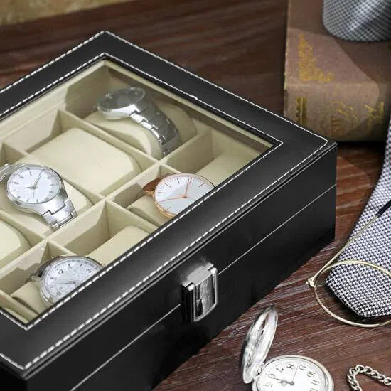 Uzamykatelný box na hodinky se skleněným víkem pro 10 ks hodinek, černý
