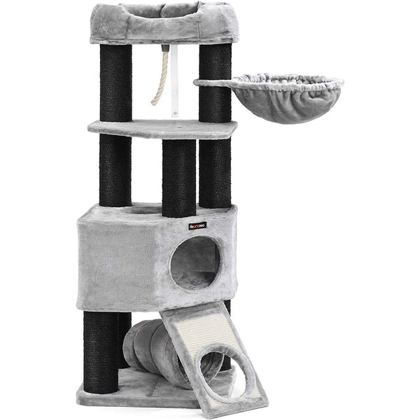Velké škrábadlo pro kočky s plyšovým košíkem a jeskyňkou, světle šedé | FEANDREA