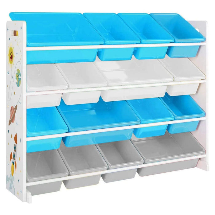 Velký dětský regál na hračky, se 16 plastovými boxy v bílé, modré a šedé barvě