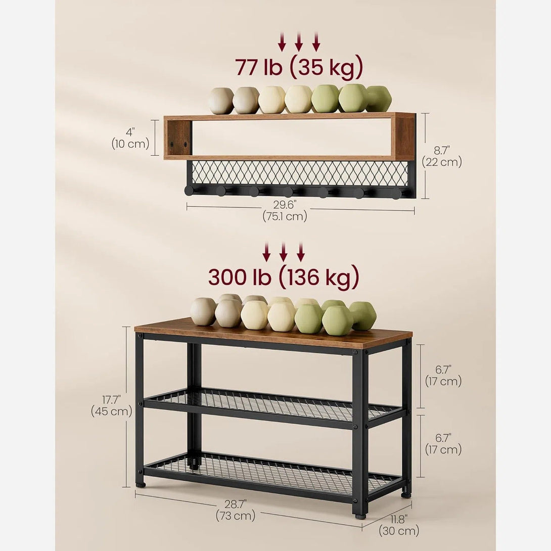 Věšák a lavička na boty, 2-úrovňový botník, rustikální hnědý