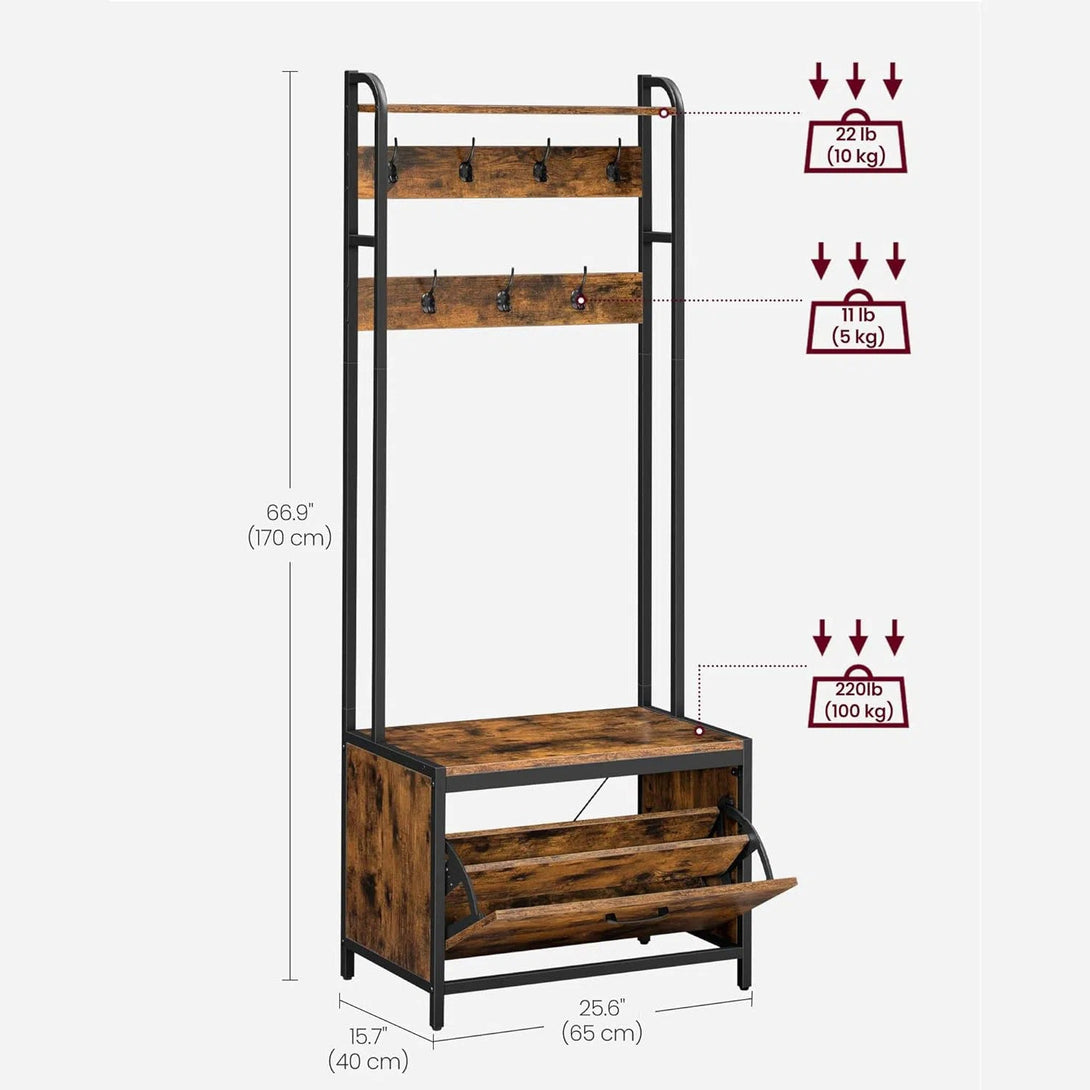 Věšák na kabáty s úložným prostorem na boty, předsíňová stěna, rustikální hnědý