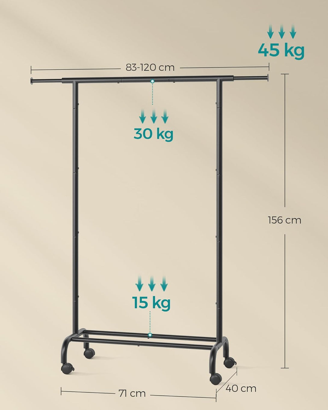 Věšák na šaty s kolečky, stojan na oblečení, nosnost 45 kg, černý-Stojany a věšáky na šaty-Vashome.cz