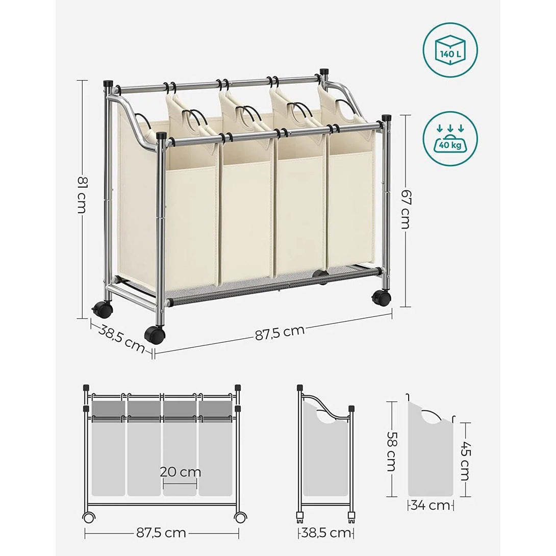Vozík na prádlo se 4 odnímatelnými látkovými vaky, 4 x 35 litrů, béžový