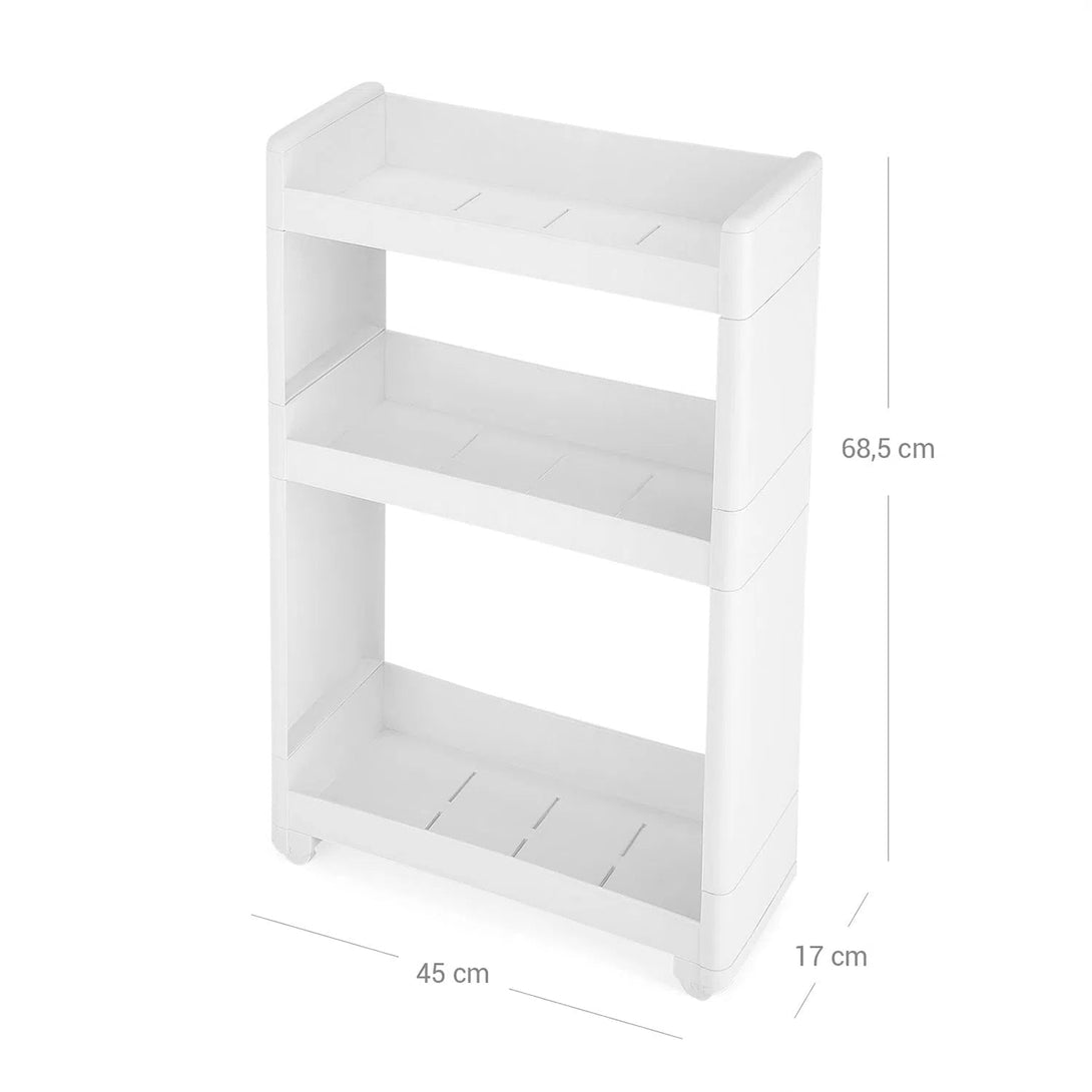 Vozík se 3 policemi, úzký úložný stojan, šířka 17 cm, bílý