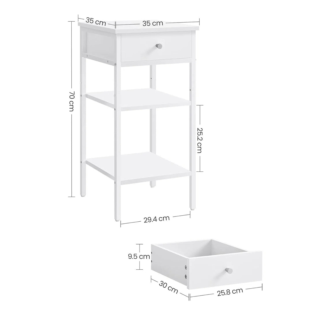Vysoký noční stolek s jednou zásuvkou a 2 otevřenými přihrádkami, bílý