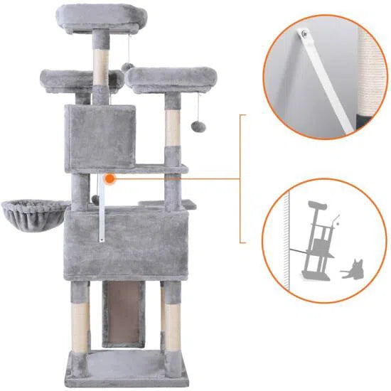 XXL kočičí strom, škrábadlo, 54 x 49 x 169 cm, světle šedý-Kočičí stromy a škrábadla-Vashome.cz