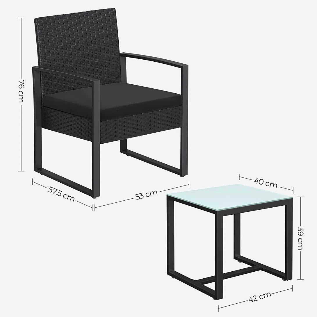 Zahradní polyratanový set, stůl a 2 ks židle, černý