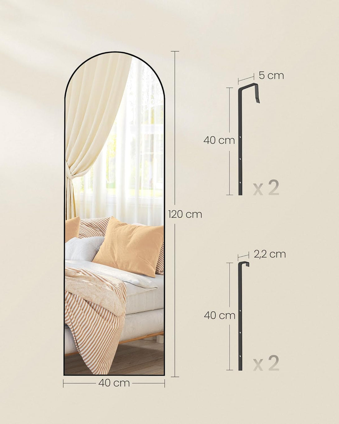 Zrcadlo v plné délce 120x40cm, zaoblené zrcadlo na stěnu nebo dveře, černý rám-Zrcadla-Vashome.cz