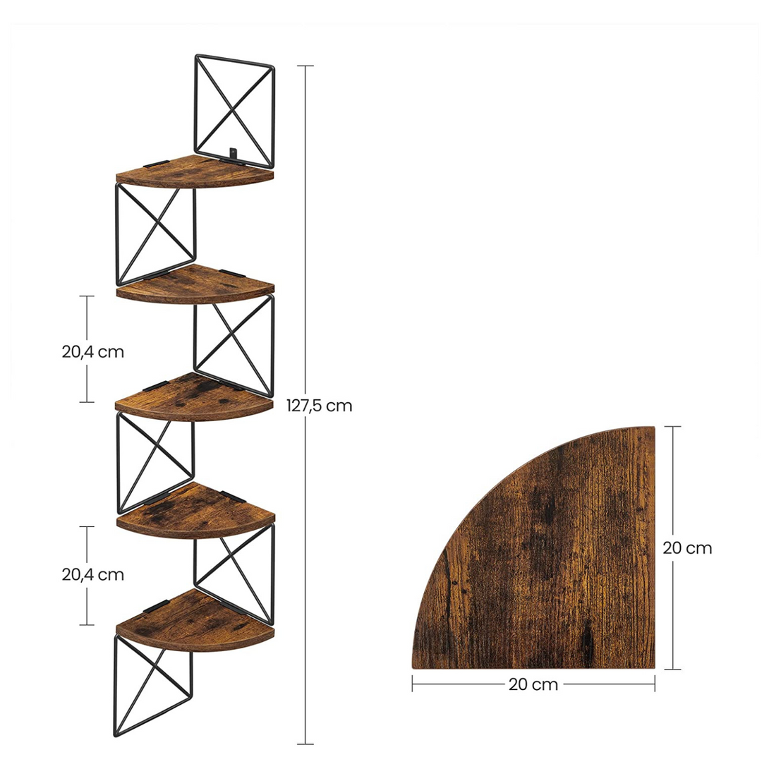 nástěnná rohová police, 5 úrovní, rustikální hnědá a černá